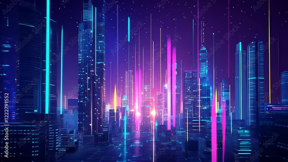 cityscape with space and neon light effect. Modern hi-tech, science, futuristic technology concept. Abstract digital high tech city design for banner background