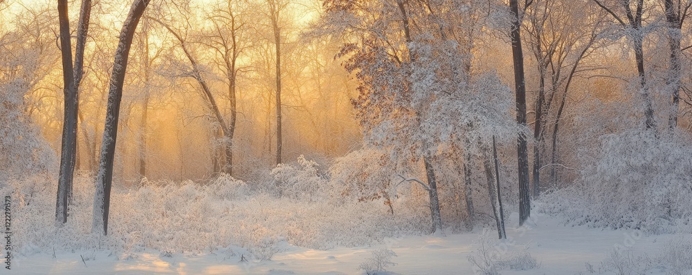 Serene winter sunrise in snow-covered forest with golden light