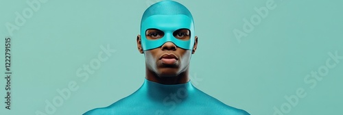 A man in a teal superhero costume stares intensely at the camera. photo