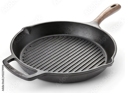 Empty cast iron grill frying pan isolated on white background with. Top view.
