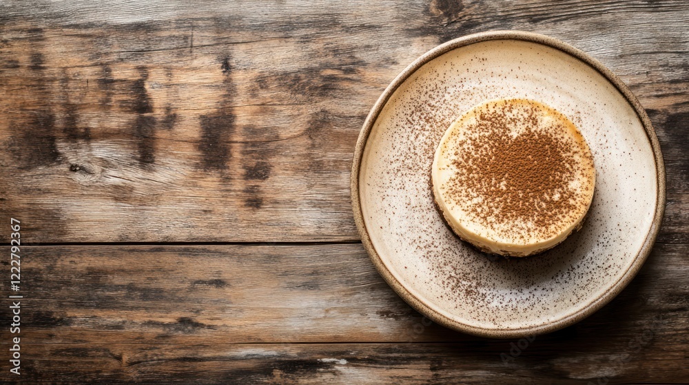 Top view of a mini cheesecake dusted with cocoa powder on a rustic wooden table. Top view of a mini cheesecake dusted with cocoa powder on a rustic wooden table.