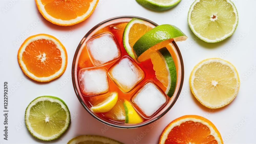 Refreshing cocktail with ice cubes surrounded by orange lime and lemon slices arranged on a white background showcasing vibrant citrus colors and textures Refreshing cocktail with ice cubes surrounded by orange lime and lemon slices arranged on a white background showcasing vibrant citrus colors and textures