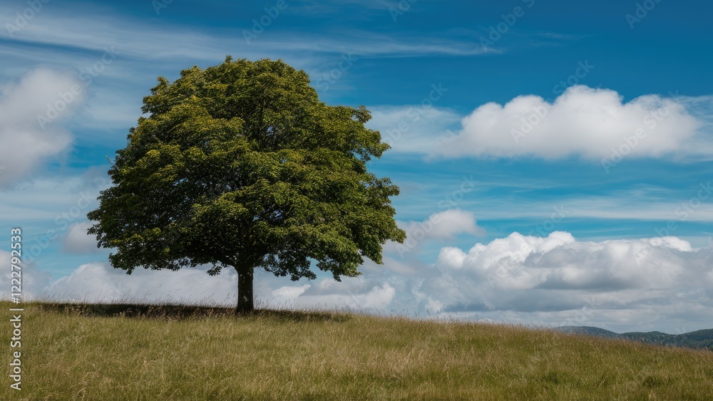 Lone green tree atop a grassy hill with a vibrant blue sky featuring white clouds creating a serene natural landscape. Lone green tree atop a grassy hill with a vibrant blue sky featuring white clouds creating a serene natural landscape.