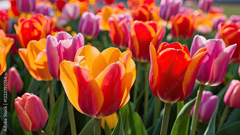 Colorful tulip field featuring vibrant red, pink, and yellow flowers with green leaves in the foreground and blurred background showcasing blooming flowers. Colorful tulip field featuring vibrant red, pink, and yellow flowers with green leaves in the foreground and blurred background showcasing blooming flowers.