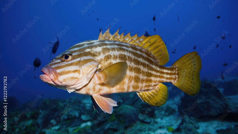 Vibrant Nassau grouper in clear blue water showcasing its striped pattern and orange-yellow fins, surrounded by diverse marine life elements. Vibrant Nassau grouper in clear blue water showcasing its striped pattern and orange-yellow fins, surrounded by diverse marine life elements.