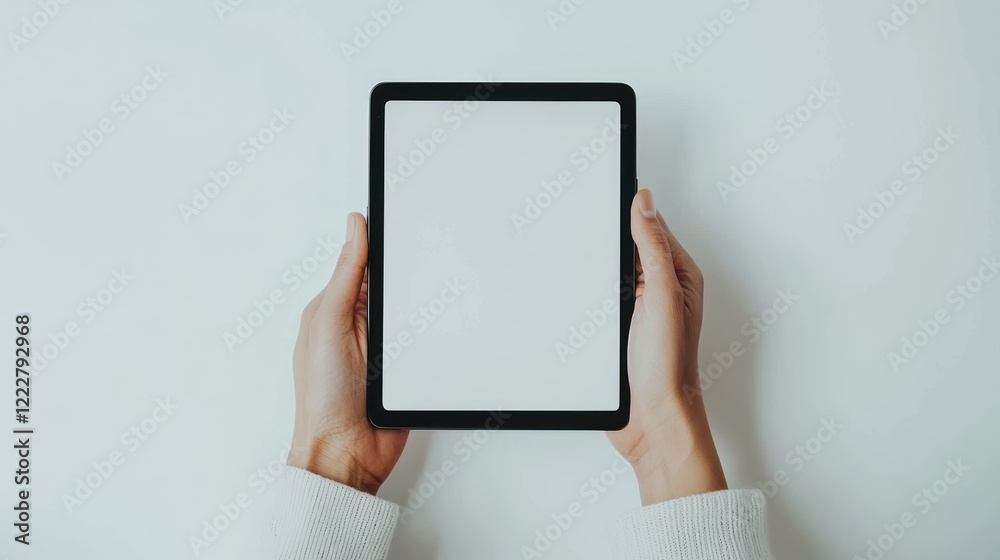 A person holding a blank tablet against a light background. A person holding a blank tablet against a light background.