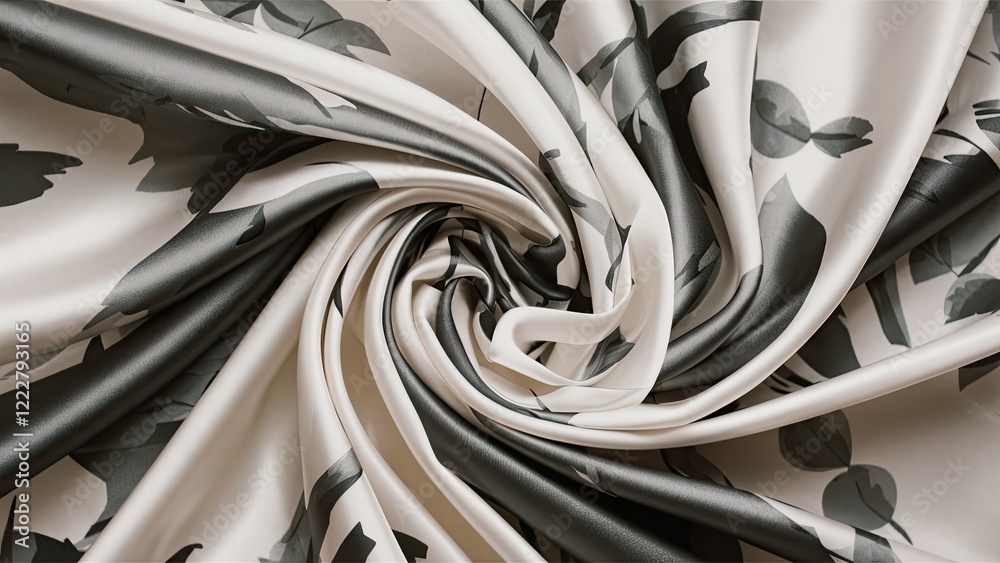 Elegant white and gray satin texture with swirling silk fabric showcasing a soft natural pattern in shades of gray and cream at the center. Elegant white and gray satin texture with swirling silk fabric showcasing a soft natural pattern in shades of gray and cream at the center.