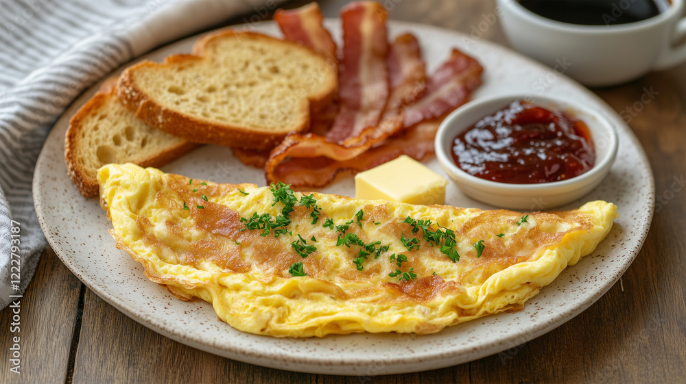 オムレツとパン、ベーコンが並ぶクラシックな朝食プレート オムレツとパン、ベーコンが並ぶクラシックな朝食プレート