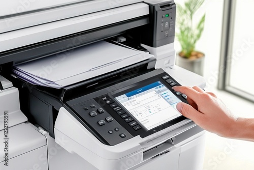Modern multifunction printer in action at an office setting with sunlight streaming in