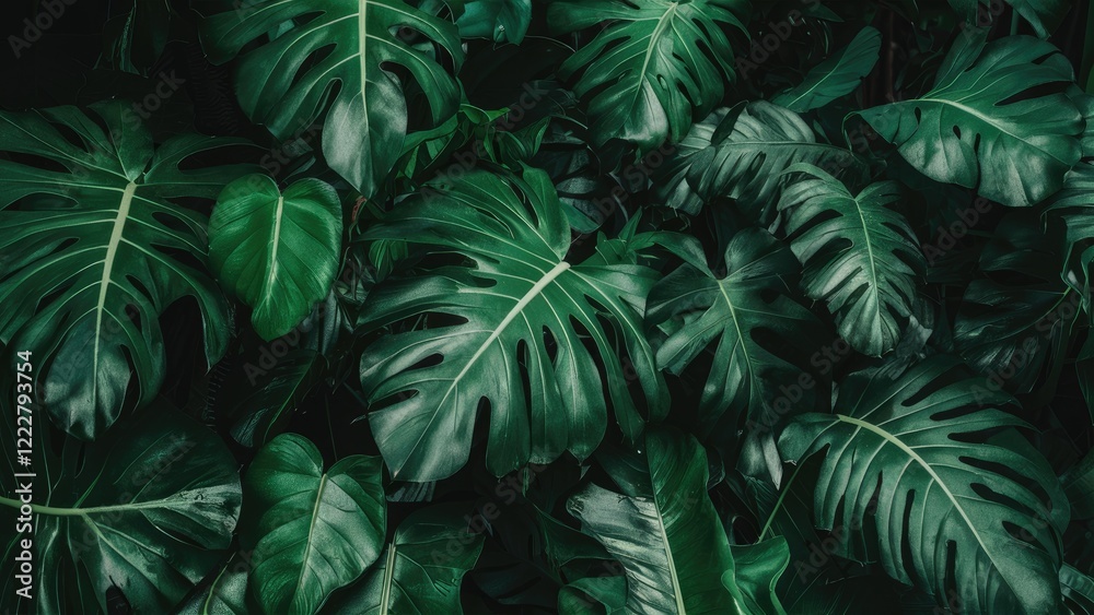 Tropical green leaves with large cuts in shades of dark green densely layered on a black background creating a lush and exotic ambiance. Tropical green leaves with large cuts in shades of dark green densely layered on a black background creating a lush and exotic ambiance.