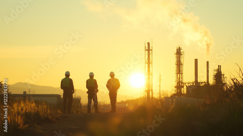 Wallpaper Mural Engineer and Construction Team Silhouette at Industrial Site with Warm Golden Hour Lighting and Pastel Sunset Torontodigital.ca