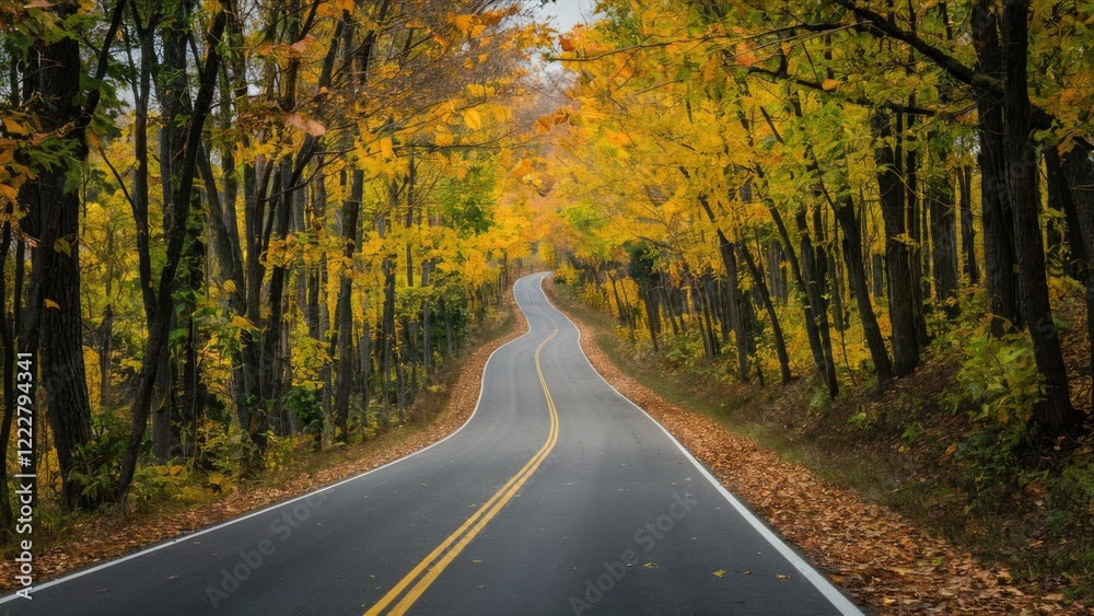 Winding rural road surrounded by vibrant autumn foliage featuring shades of yellow and orange, capturing the essence of a serene fall drive. Winding rural road surrounded by vibrant autumn foliage featuring shades of yellow and orange, capturing the essence of a serene fall drive.