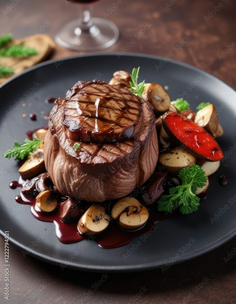 Grilled filet mignon with saut?ed mushrooms and red wine reduction, culinary, elegant, special occasion Grilled filet mignon with saut?ed mushrooms and red wine reduction, culinary, elegant, special occasion