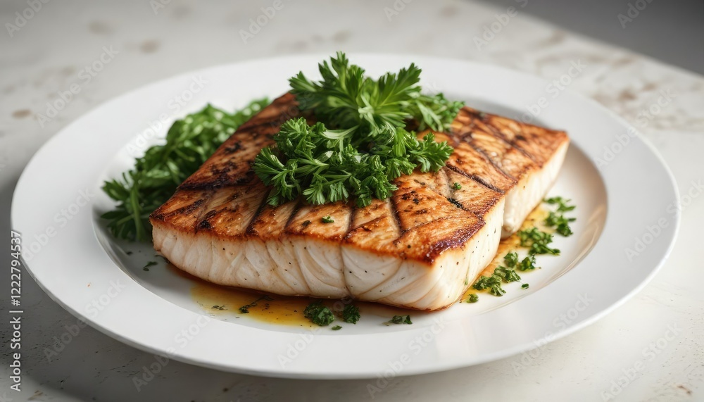 Grilled fish fillet with parsley garnish on white plate, garnish, grilled Grilled fish fillet with parsley garnish on white plate, garnish, grilled