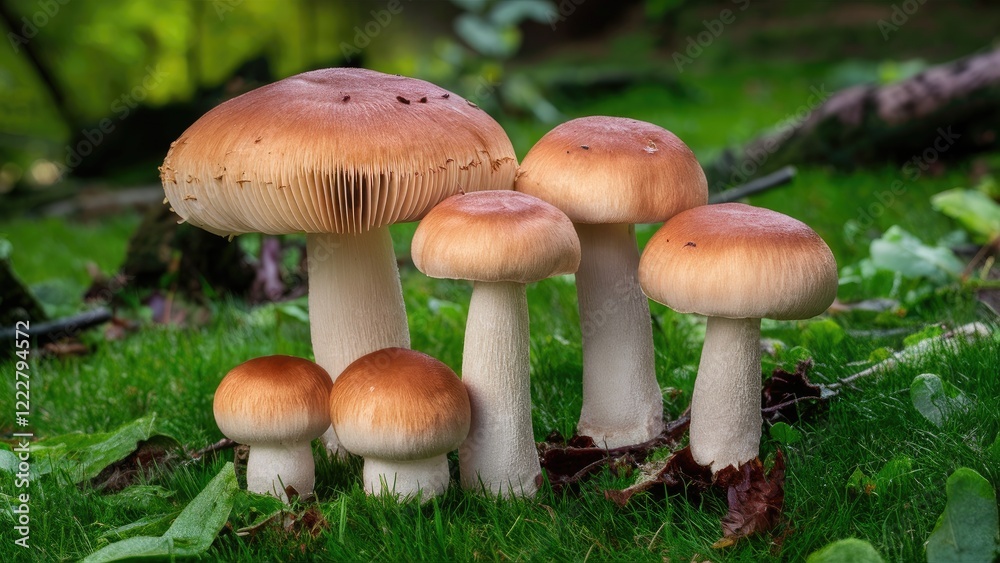Mushrooms with soft orange caps and white stems cluster on vibrant green grass surrounded by lush foliage in a serene forest setting. Mushrooms with soft orange caps and white stems cluster on vibrant green grass surrounded by lush foliage in a serene forest setting.