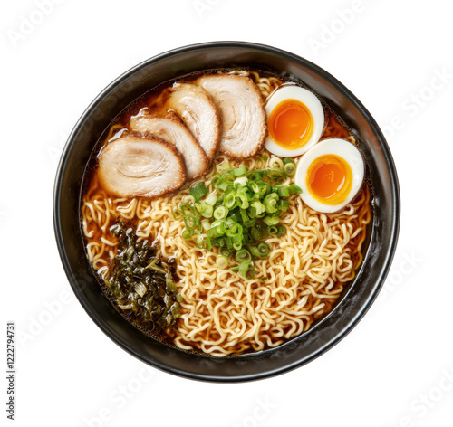 Freshly prepared ramen with pork slices, soft-boiled eggs, and green onions in a beautiful bowl on transparent background photo