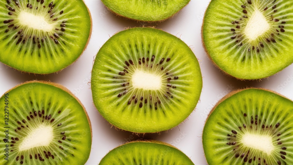 Macro shot of vibrant green kiwi fruit slices arranged in a flat lay pattern against a bright white background with fresh tropical elements. Macro shot of vibrant green kiwi fruit slices arranged in a flat lay pattern against a bright white background with fresh tropical elements.