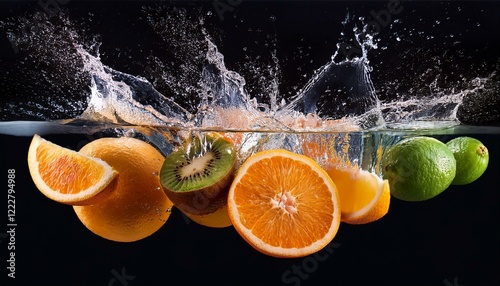 Refreshing citrus fruits and kiwi splashing into water against a dark background 