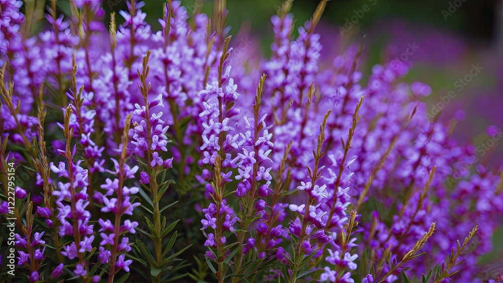 Naklejka premium Delicate clusters of vibrant purple flowers from false heather blooming in a lush outdoor garden, showcasing greenery and soft focus background.