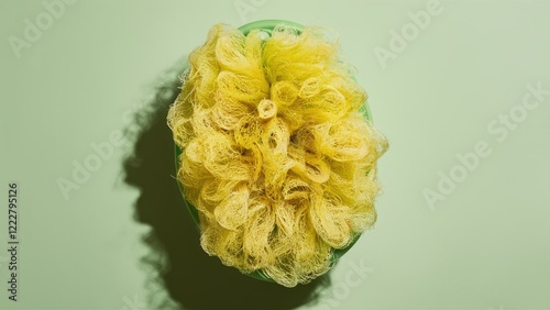 Yellow loofah scrubber on green plastic body scrub with soft light green backdrop showcasing texture and details of the bath accessory.