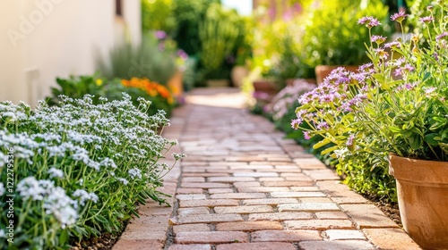 Gardening landscaping idea. A picturesque garden pathway lined with vibrant flowers and lush greenery.