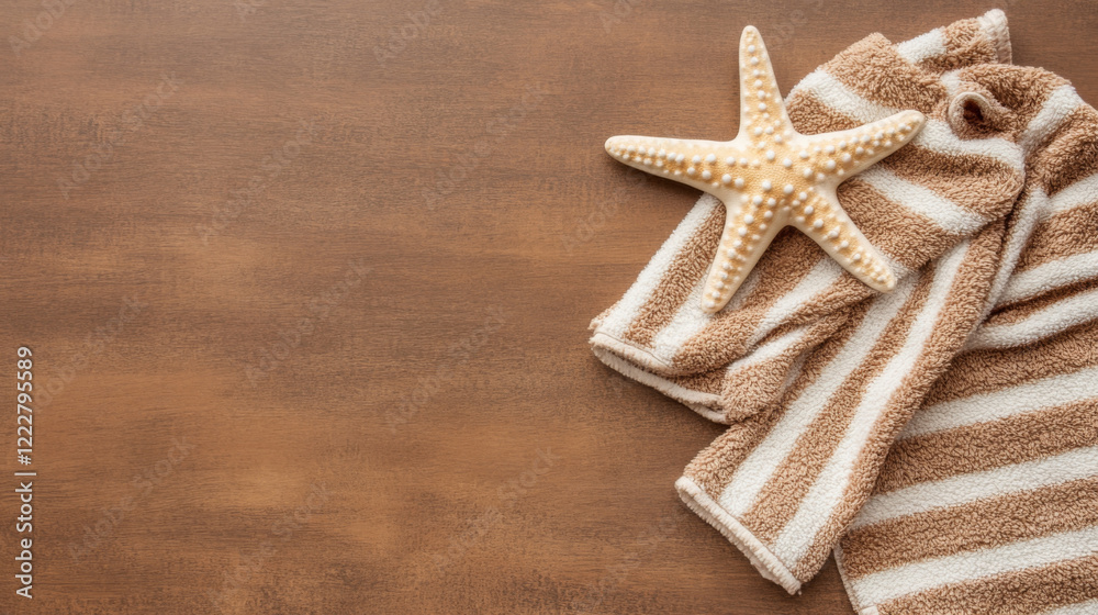 Striped towels and starfish on wooden surface evoke summer beach vibe Striped towels and starfish on wooden surface evoke summer beach vibe