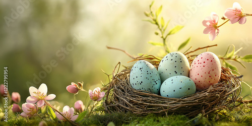 Easter celebration nesting eggs beautiful garden nature scene springtime close-up delightful colors and textures