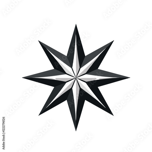 Stylized compass rose in black and white, guiding exploration