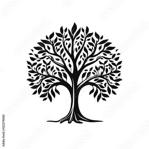 Intricate black tree design with leaves, nature's resilience