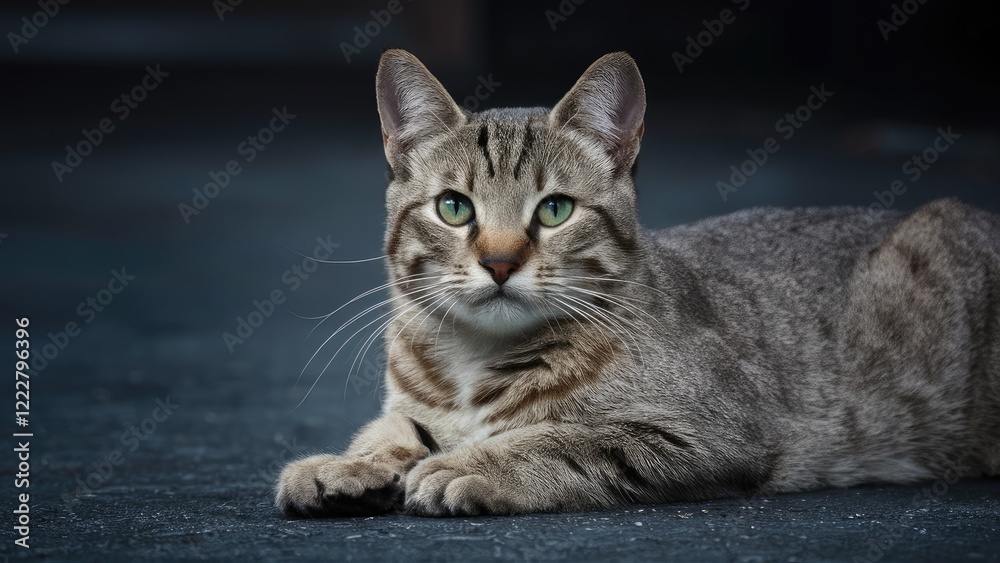Elegant gray tabby cat with striking green eyes, resting calmly on a dark surface, showcasing soft fur and attentive expression in natural light. Elegant gray tabby cat with striking green eyes, resting calmly on a dark surface, showcasing soft fur and attentive expression in natural light.