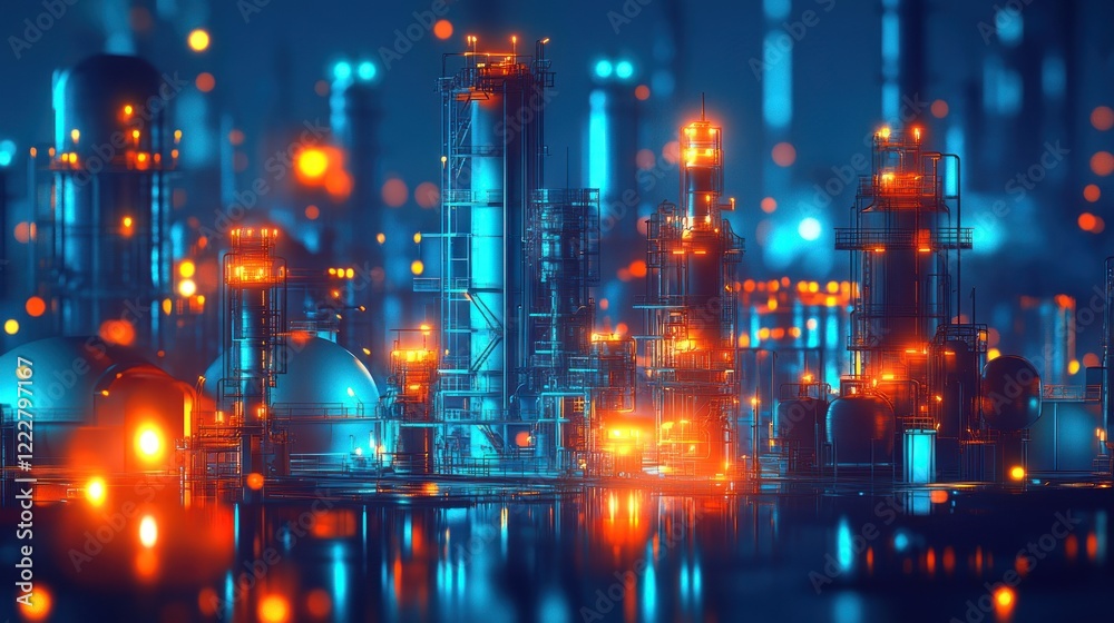 Obraz premium Illuminated Industrial Complex Night Scene Refinery Towers