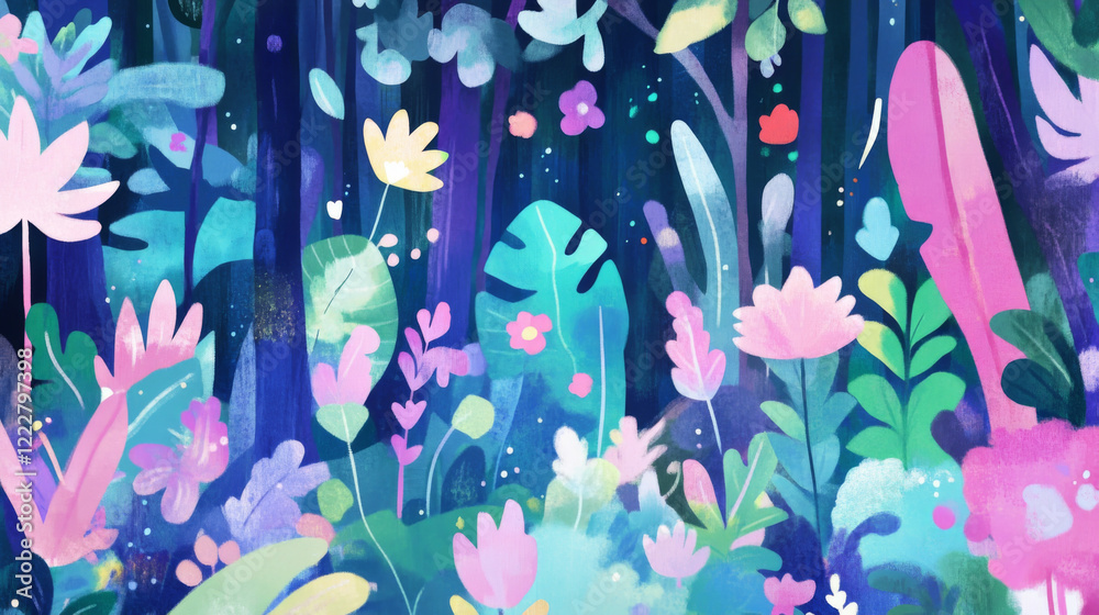 Fototapeta premium vibrant, colorful abstract forest with various plants and flowers