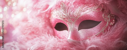 Sparkling pink feathered masquerade mask with glittering details photo