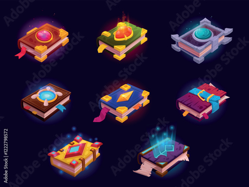 Game alchemy books. Cartoon magic spell book, wizard study handbook fantasy gaming ui glowing icons, old medieval library quest witchcraft spelling recipe tidy vector illustration