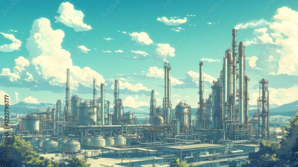 Fototapeta premium A sprawling industrial complex under a bright summer sky