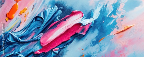 Abstract acrylic paint strokes in vibrant blue pink and orange hues