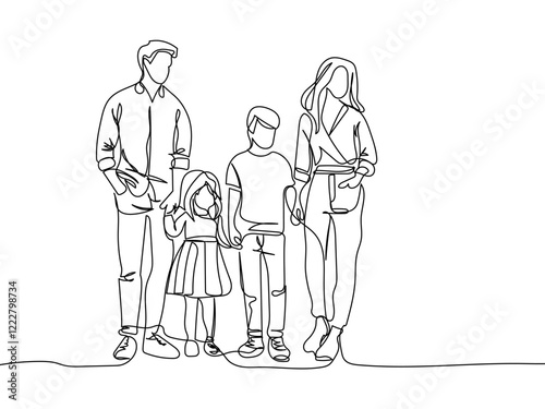 Drawing of young family with two children standing together. Single line art style