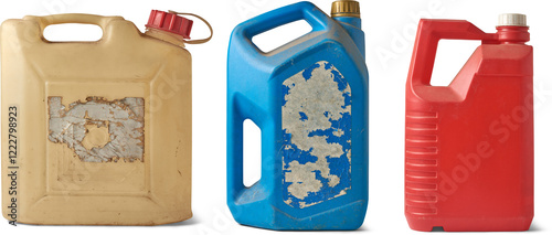 set of old used different types of plastic cans or containers isolated white background, light beige, blue, red color empty waste gallon canisters