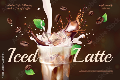 Ice coffee banner. Iced latte espresso advertising poster, frozen coffe drink pour milk splash cold cappuccino takeaway cup cafe ad template, realistic exact vector illustration