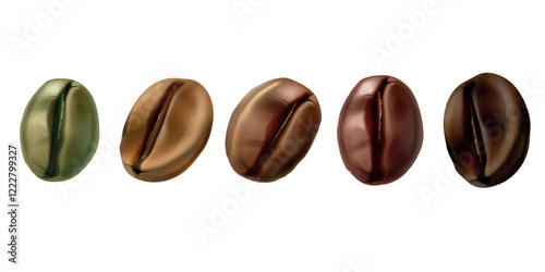 Coffee beans stages. Realistic arabica roast bean process, raw green gold seed and roasted dark brown black grain aroma espresso ingredient coffees seeds exact vector illustration