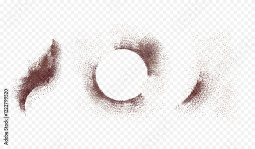 Realistic coffee powder. Caffeine particle, cocoa crumbs scattered espresso grain scattered powders cacao chocolate brown sugar ground flying dust burst, exact vector illustration