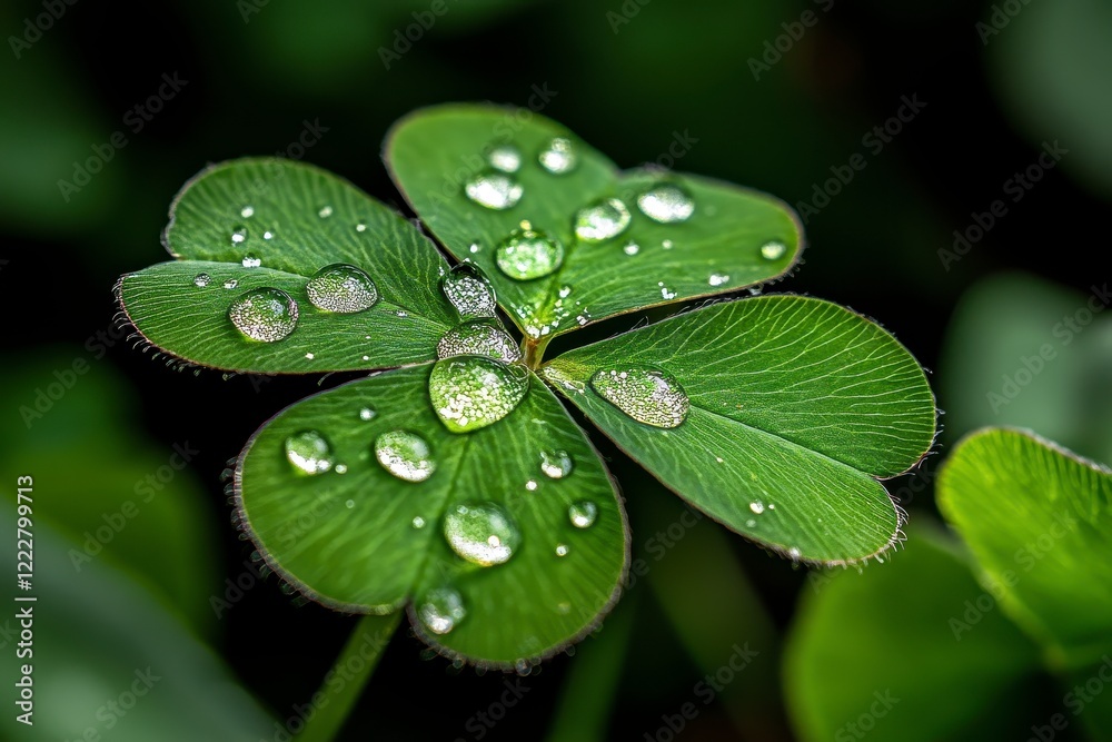 Morning Dew on Clover Leaf, intricate details of dew droplets glistening on vibrant green clover, showcasing nature's delicate textures and beauty Morning Dew on Clover Leaf, intricate details of dew droplets glistening on vibrant green clover, showcasing nature's delicate textures and beauty
