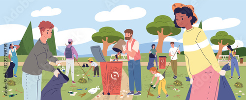People cleaning park. Volunteers clean up city park, neighborhood community collect trash in plastic bag pick garbage together cleanup litter outdoor, classy vector illustration