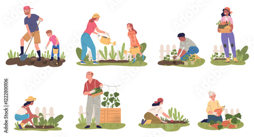 People plants vegetables. Farmers gardeners organic farm, agriculture gardening and harvesting family grandma grandpa garden work hobby plant seeds, set classy vector illustration