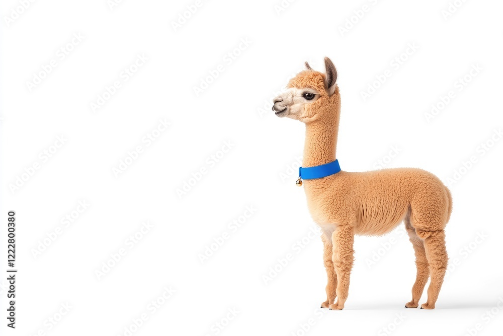 A cute, fluffy alpaca standing proudly against a bright white background, showcasing its playful nature A cute, fluffy alpaca standing proudly against a bright white background, showcasing its playful nature