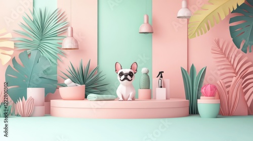 A stylized setting featuring a French Bulldog amidst pastel-colored decor and plants.