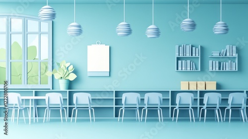 A serene blue room with chairs, a table, and shelves, designed for learning or collaboration.