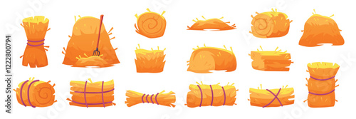 Cartoon haystacks. Hay of bale, dried straw stack farm wheat baling thatch pile roll fodder hayrick with pitchfork rural harvest farming set for ranch, swanky vector illustration