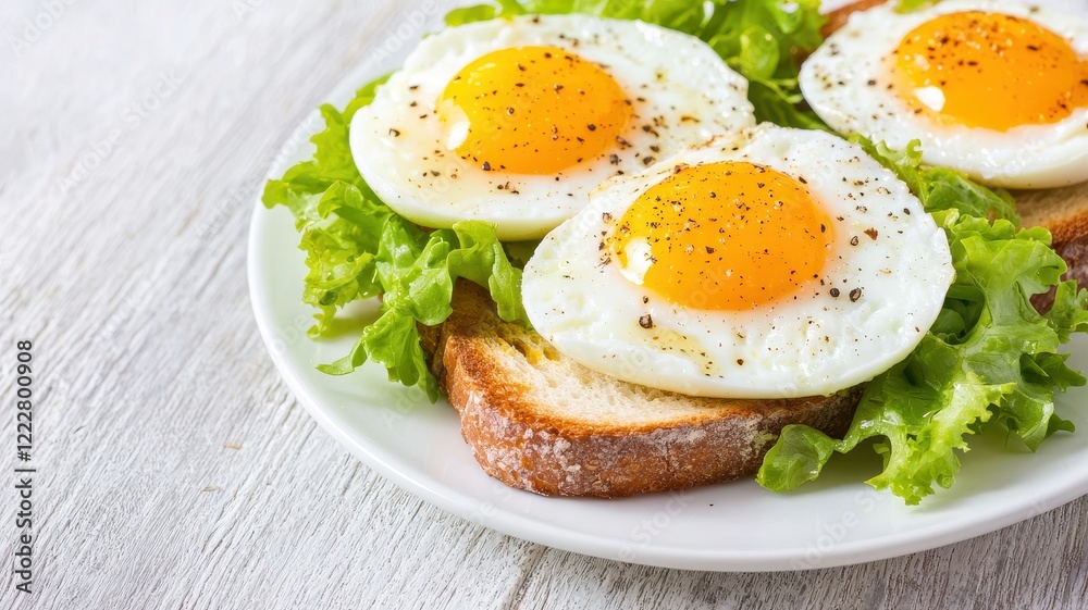 Delicious Sunny Side Up Eggs on Toast with Fresh Greens Healthy Breakfast Food Delicious Sunny Side Up Eggs on Toast with Fresh Greens Healthy Breakfast Food