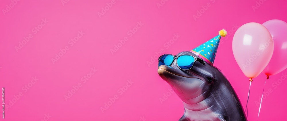 A playful seal wearing sunglasses and a party hat, surrounded by balloons against a pink backdrop. A playful seal wearing sunglasses and a party hat, surrounded by balloons against a pink backdrop.